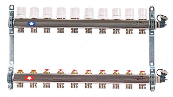 Коллектор распределительный Uni-Fitt 1 10 выходов, с регулировочными и термостатическими вентилями 451I4310