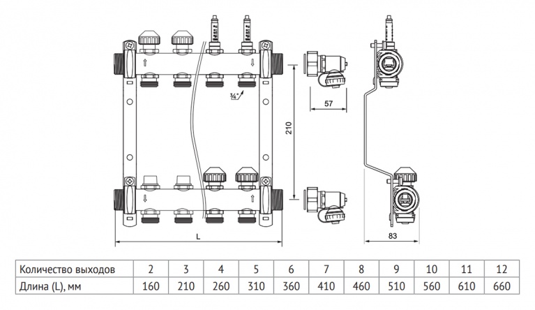 Коллектор распределительный Uni-Fitt Н 1 4 выхода с регулировочными и термостатическими вентилями 456W4304