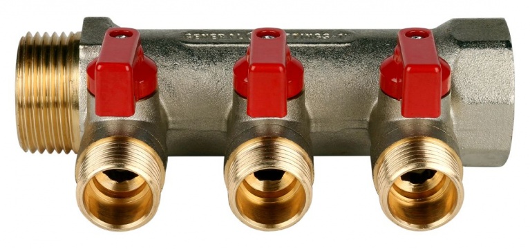 Коллектор STOUT с шаровыми кранами 3/4, 3 отвода 1/2 (красные ручки) SMB 6200 341203